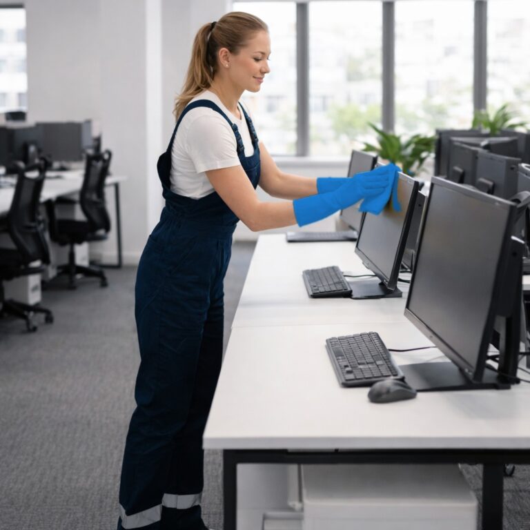 Office cleaner wiping a computer monitor with a blue cloth in a Manchester workplace